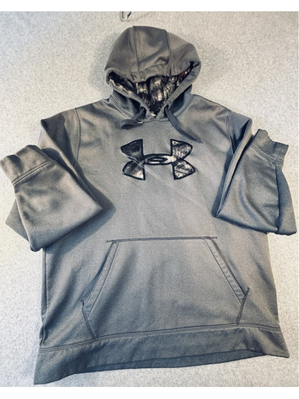 Under Armour Storm Hoodie Mens XL Gray Camo Logo Fleece Pullover Sweatshirt